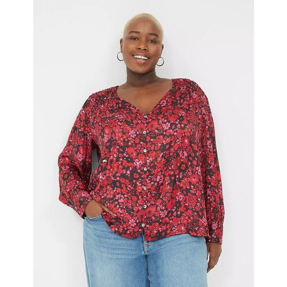Lane Bryant Black Red Floral Button Front Satin Blouse NEW Womens Plus 26/28 - Picture 1 of 9